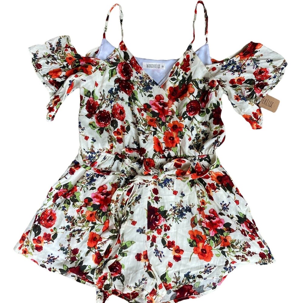 Wanderlux Romper Small Spaghetti Strap V-Neck Tie Belt Floral Womens NWT